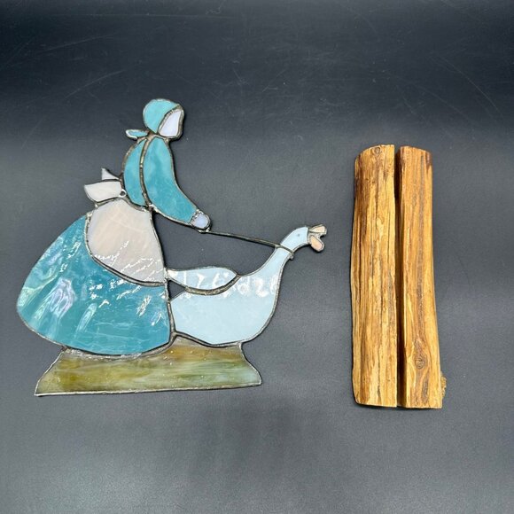 Vintage Stained Glass Goose Maiden Girl Wooden Display Cottagecore Country - Picture 7 of 12